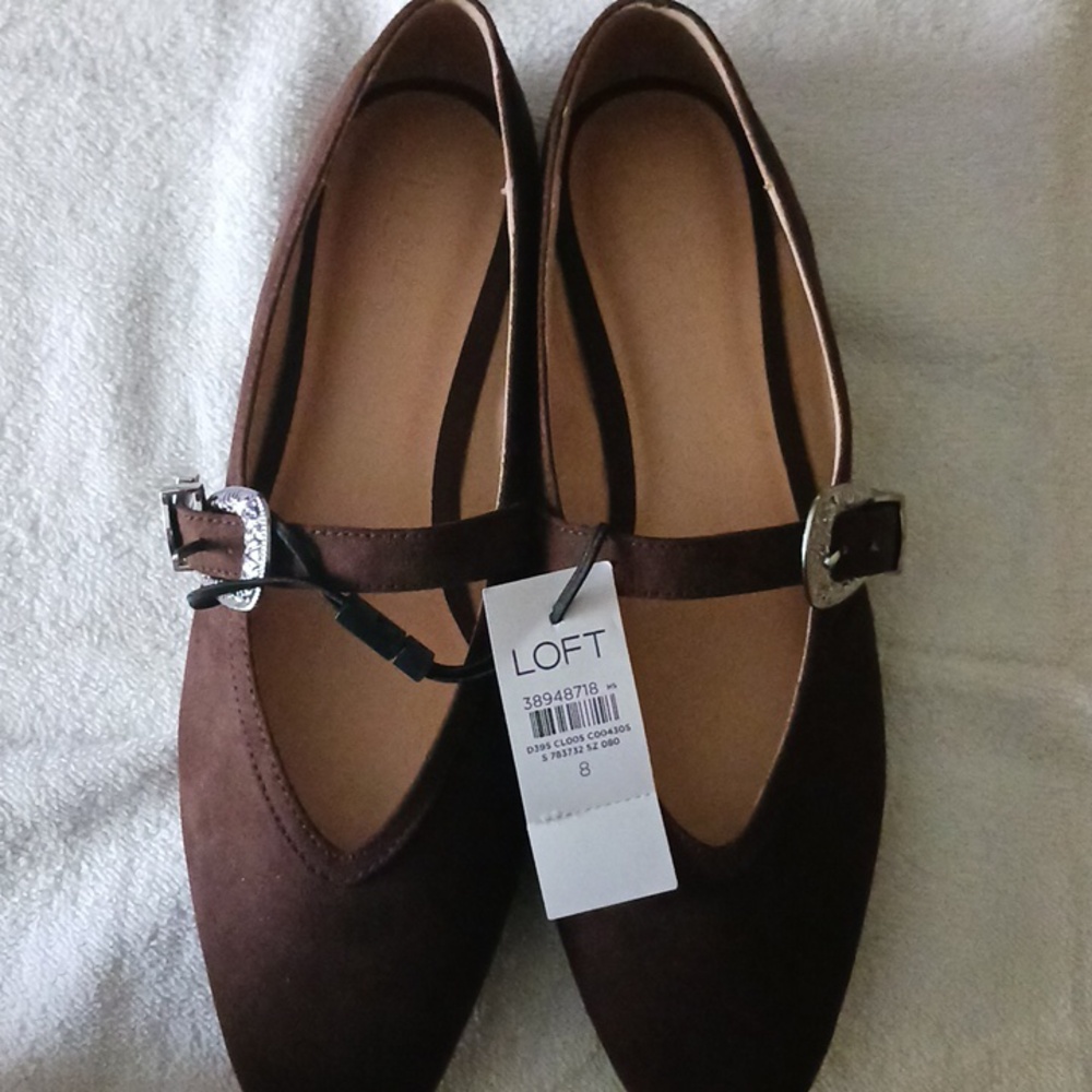 LOFT Brown Suede Mary Jane Flats with Silver Decorative Buckle